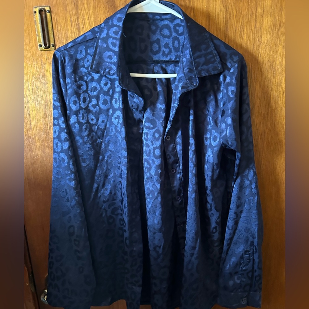 Navy blue satin button up collared shirt